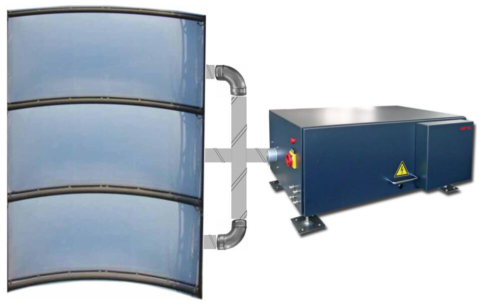 Schematic of single-line air piping running from the air handling unit into an ETFE cushion roof