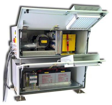 Uninterruptible power supply batteries and control gear built into the lower casing of an air supply unit